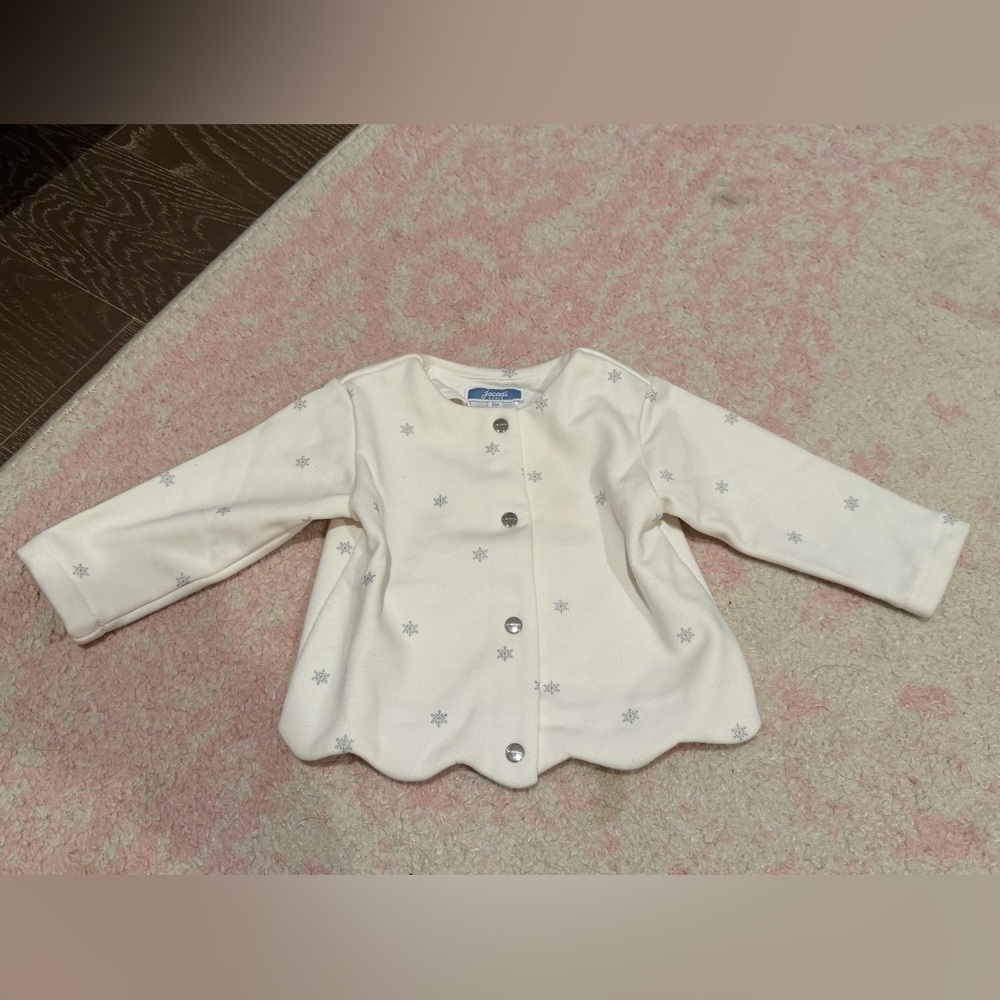 Jacadi baby sweater jacket. Snowflake print, scalloped edges. Never worn